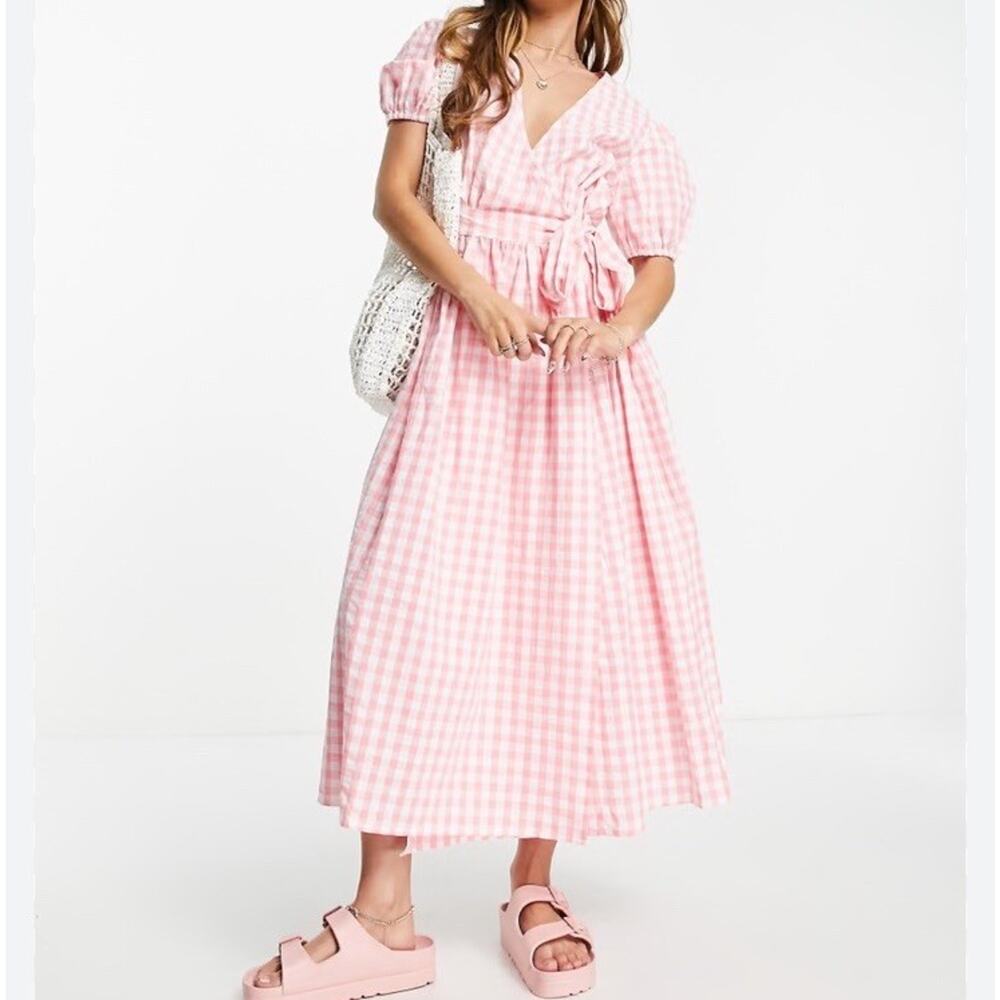 Influence puff sleeve wrap midi dress pink white gingham sz. 10 India cotton